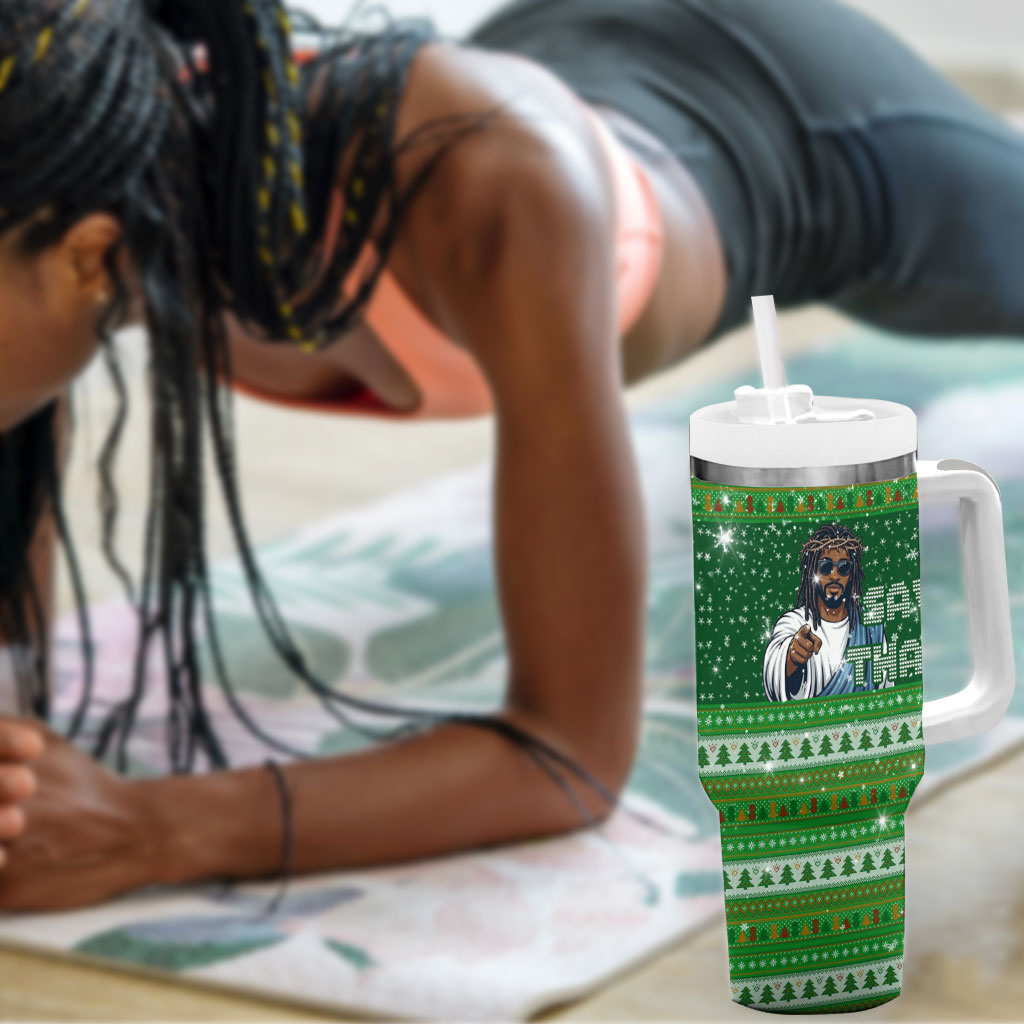 Black Jesus Merry Christmas Tumbler With Handle Santa Claus Africa - Religious Faith Holiday