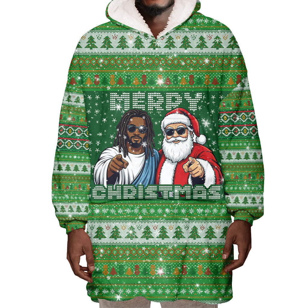 Black Jesus Merry Christmas Wearable Blanket Hoodie Santa Claus Africa - Religious Faith Holiday