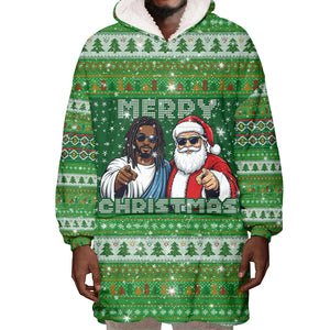 Black Jesus Merry Christmas Wearable Blanket Hoodie Santa Claus Africa - Religious Faith Holiday