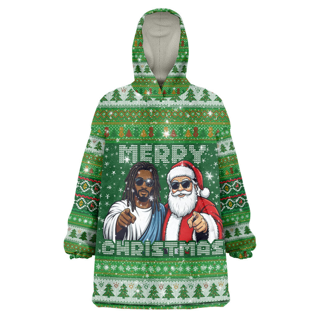 Black Jesus Merry Christmas Wearable Blanket Hoodie Santa Claus Africa - Religious Faith Holiday