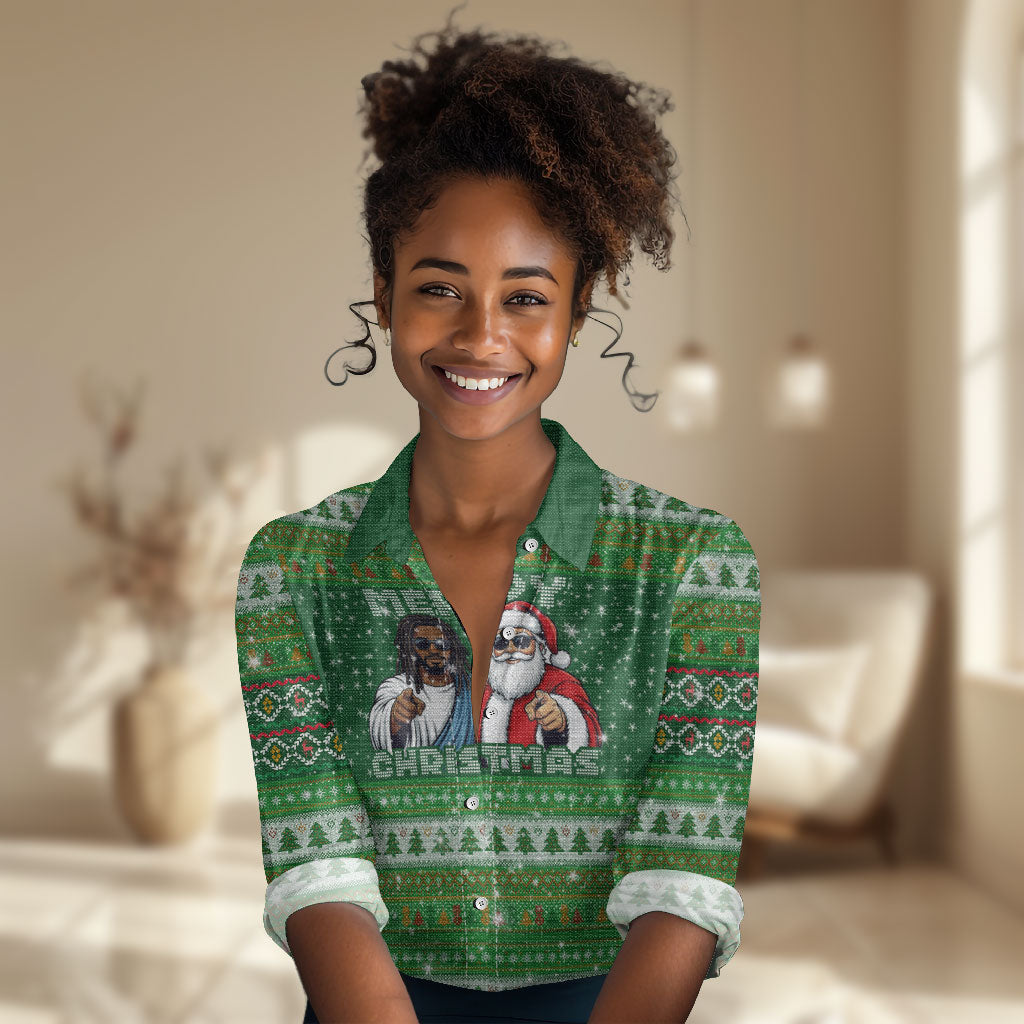 Black Jesus Merry Christmas Women Casual Shirt Santa Claus Africa - Religious Faith Holiday