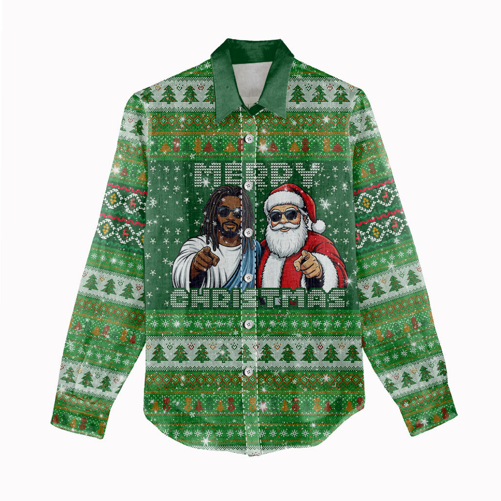 Black Jesus Merry Christmas Women Casual Shirt Santa Claus Africa - Religious Faith Holiday