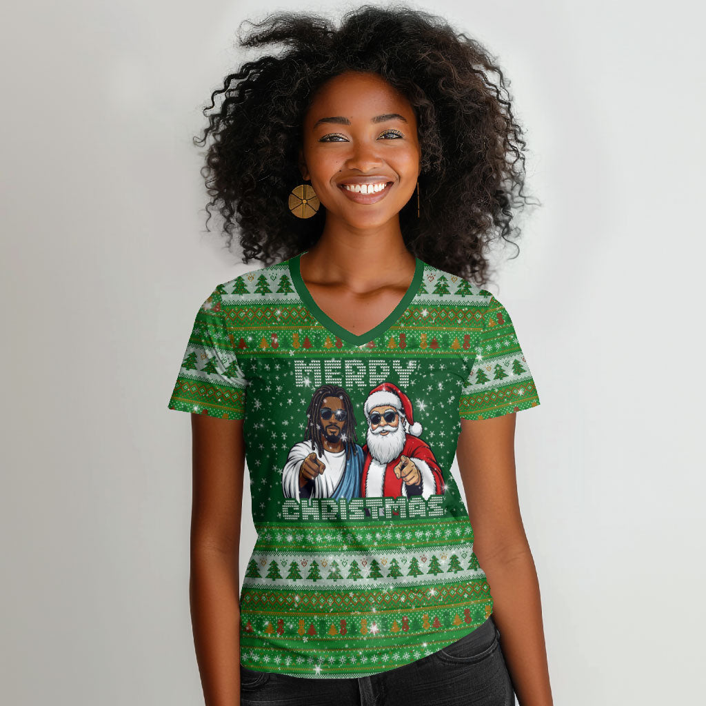 Black Jesus Merry Christmas Women V-Neck T-Shirt Santa Claus Africa - Religious Faith Holiday