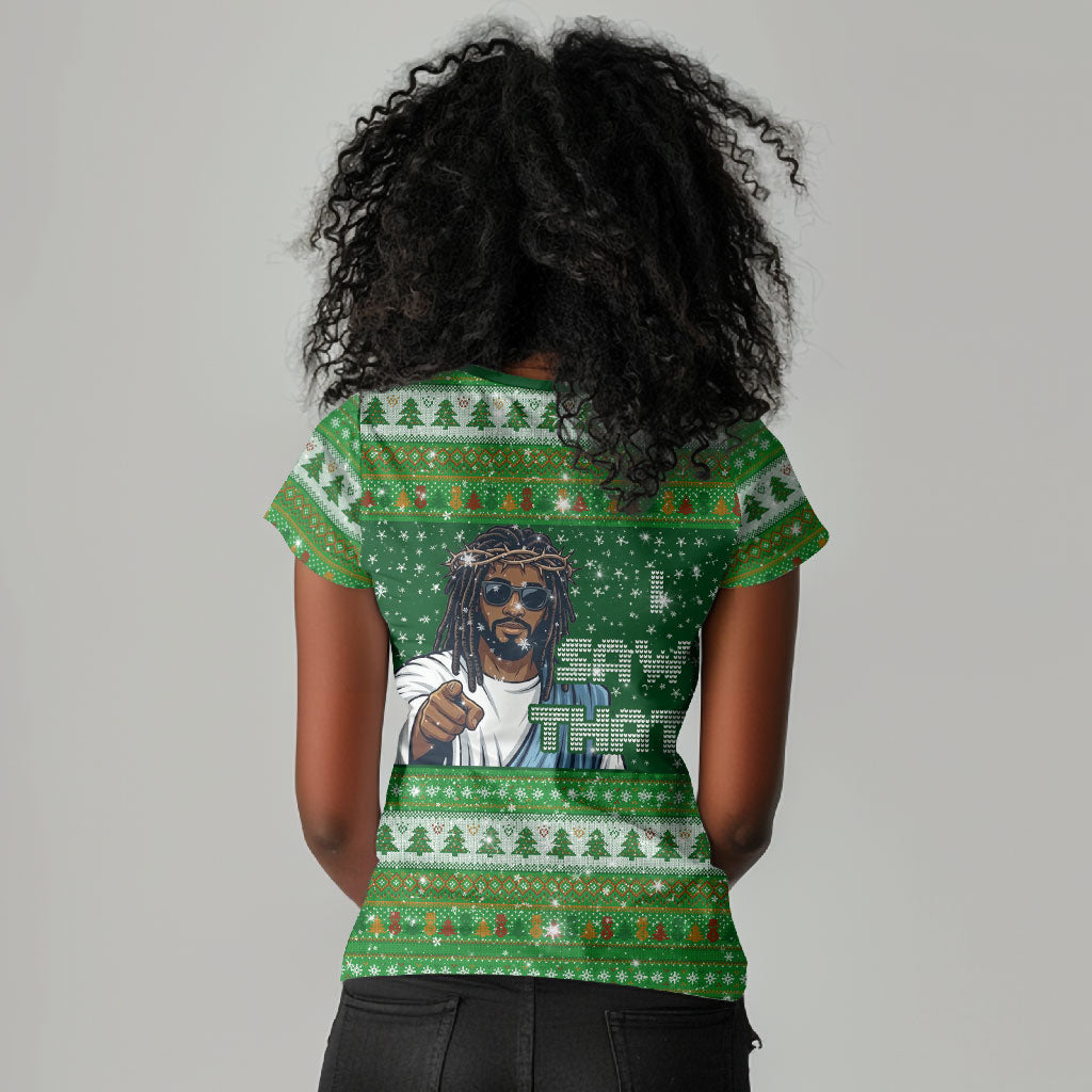 Black Jesus Merry Christmas Women V-Neck T-Shirt Santa Claus Africa - Religious Faith Holiday
