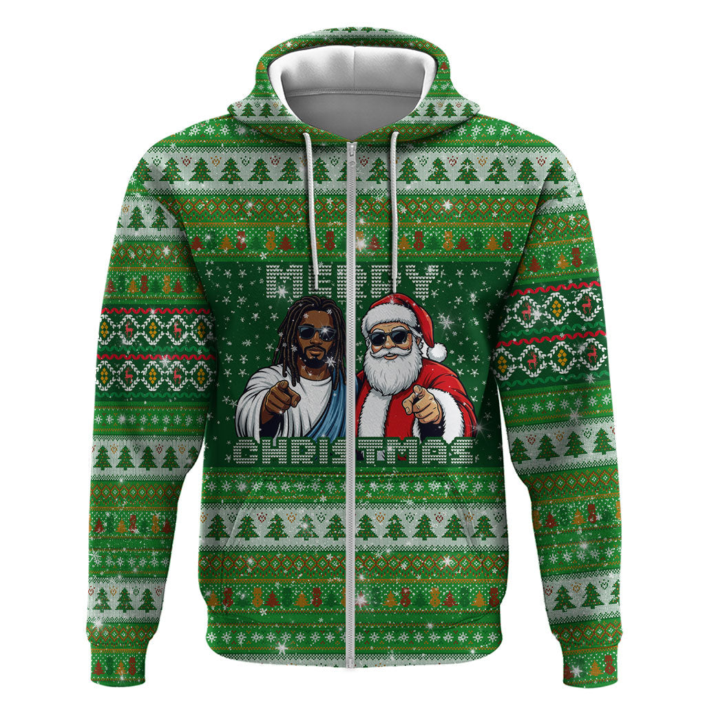 Black Jesus Merry Christmas Zip Hoodie Santa Claus Africa - Religious Faith Holiday