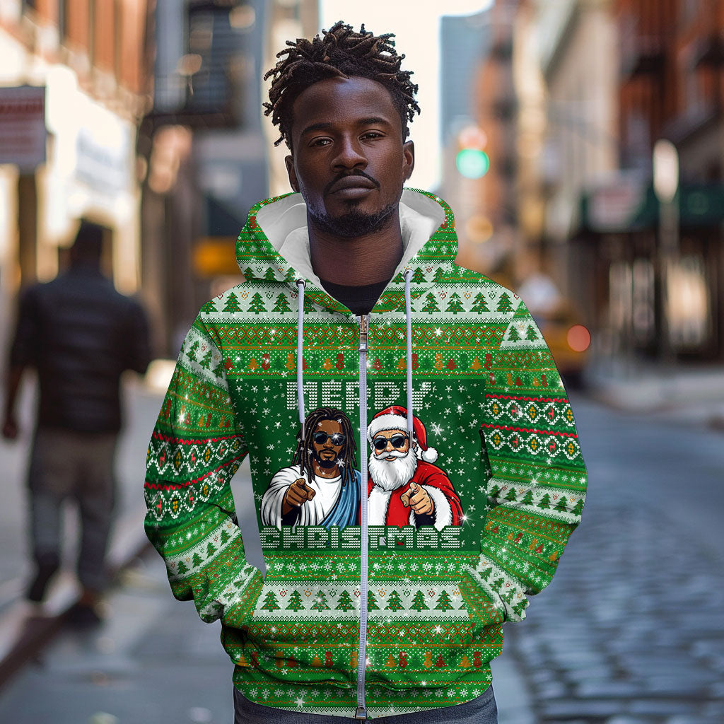 Black Jesus Merry Christmas Zip Hoodie Santa Claus Africa - Religious Faith Holiday