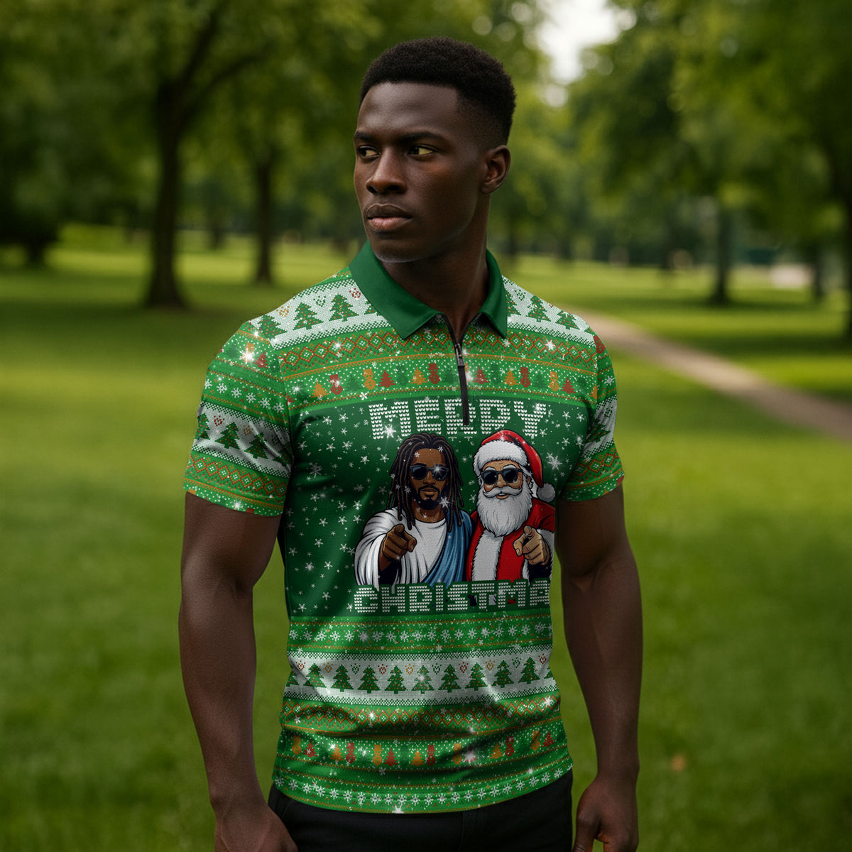 Black Jesus Merry Christmas Zipper Polo Shirt Santa Claus Africa - Religious Faith Holiday