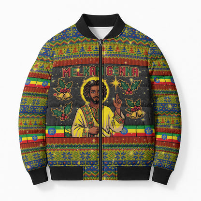 Ethiopian Melkam Genna Jesus Christmas Bomber Puffer Jacket Melkam Genna Ethiopian Flag Jesus Christ