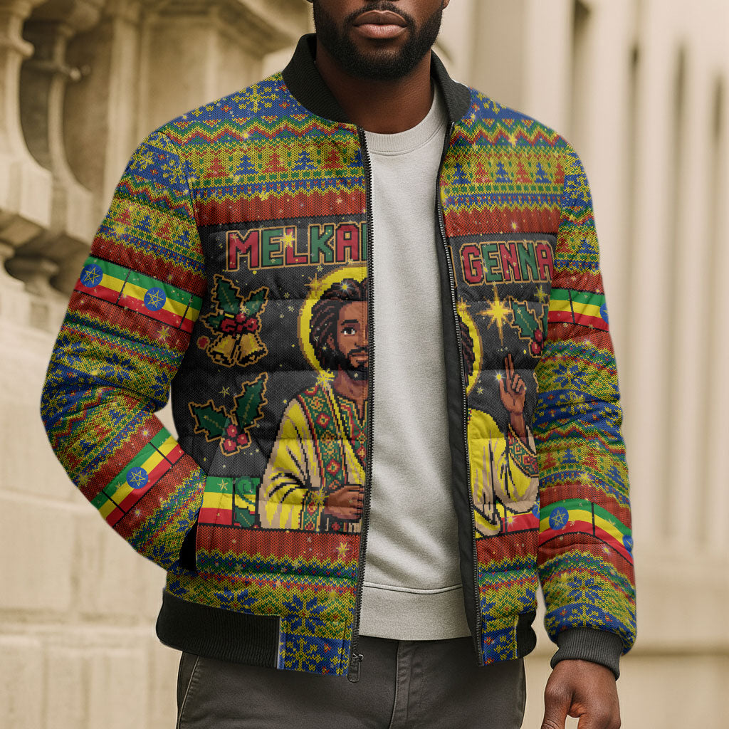 Ethiopian Melkam Genna Jesus Christmas Bomber Puffer Jacket Melkam Genna Ethiopian Flag Jesus Christ