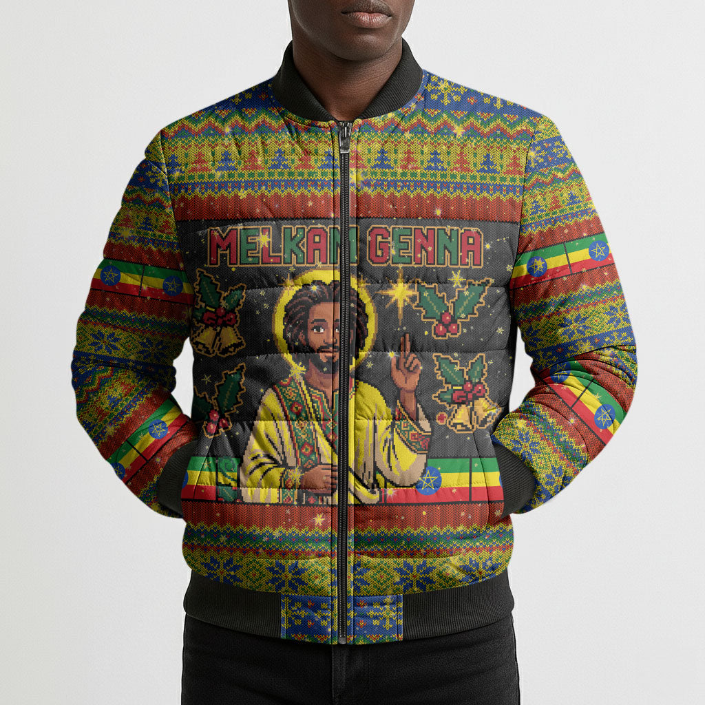 Ethiopian Melkam Genna Jesus Christmas Bomber Puffer Jacket Melkam Genna Ethiopian Flag Jesus Christ