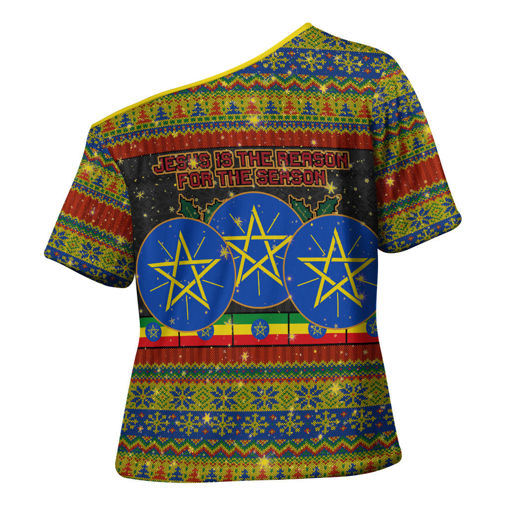 Ethiopian Melkam Genna Jesus Christmas Cross Shoulder Shirt Melkam Genna Ethiopian Flag Jesus Christ