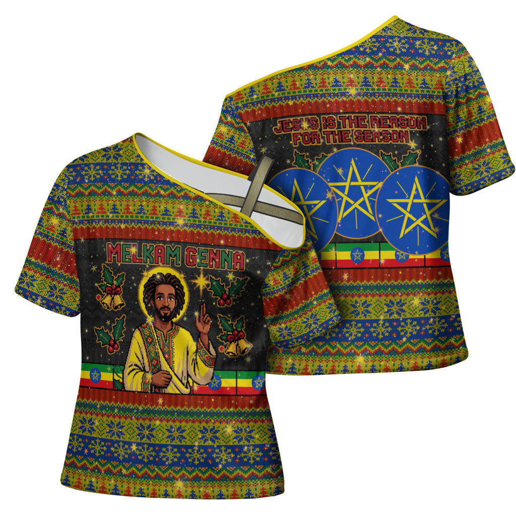 Ethiopian Melkam Genna Jesus Christmas Cross Shoulder Shirt Melkam Genna Ethiopian Flag Jesus Christ