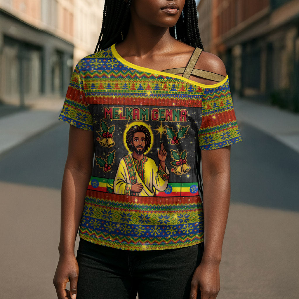 Ethiopian Melkam Genna Jesus Christmas Cross Shoulder Shirt Melkam Genna Ethiopian Flag Jesus Christ