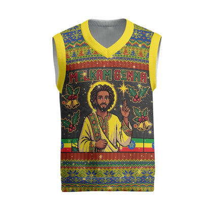 Ethiopian Melkam Genna Jesus Christmas Knitted V-Neck Vest Melkam Genna Ethiopian Flag Jesus Christ