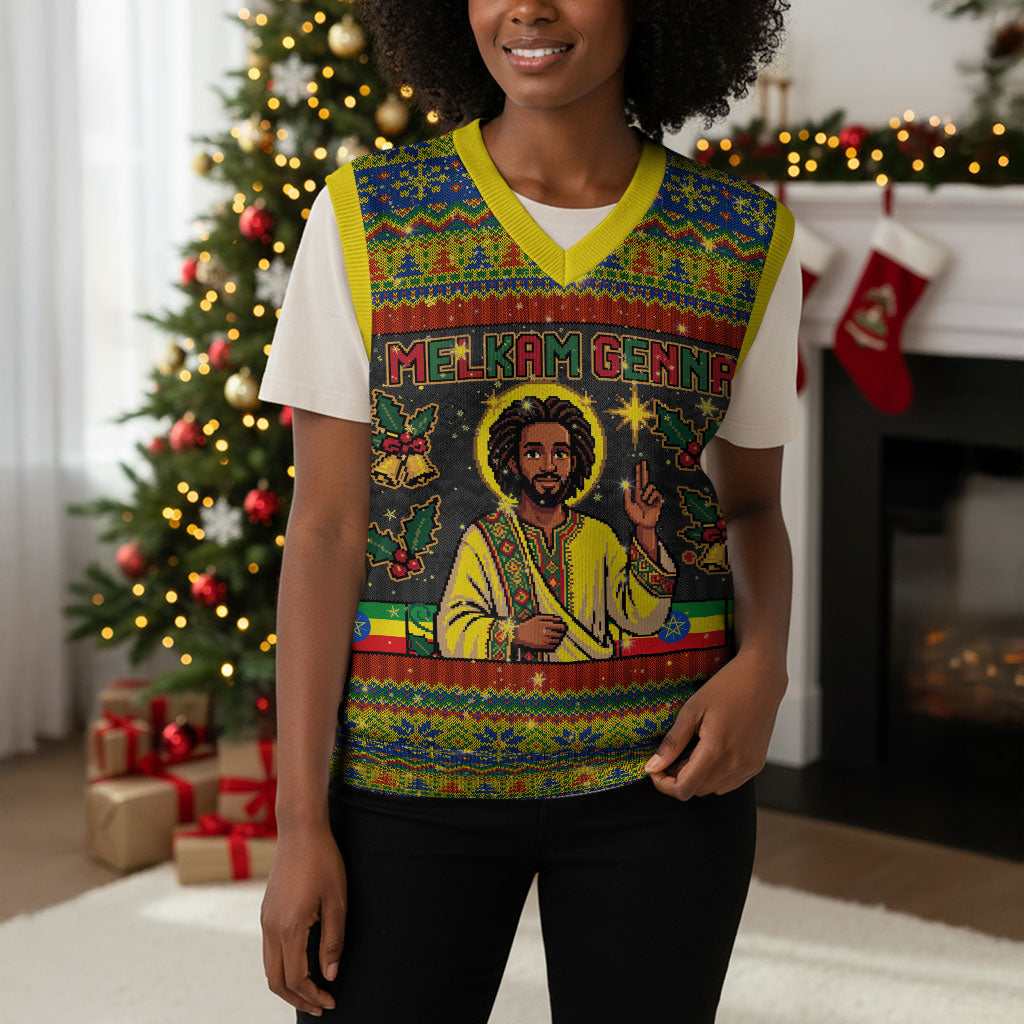 Ethiopian Melkam Genna Jesus Christmas Knitted V-Neck Vest Melkam Genna Ethiopian Flag Jesus Christ