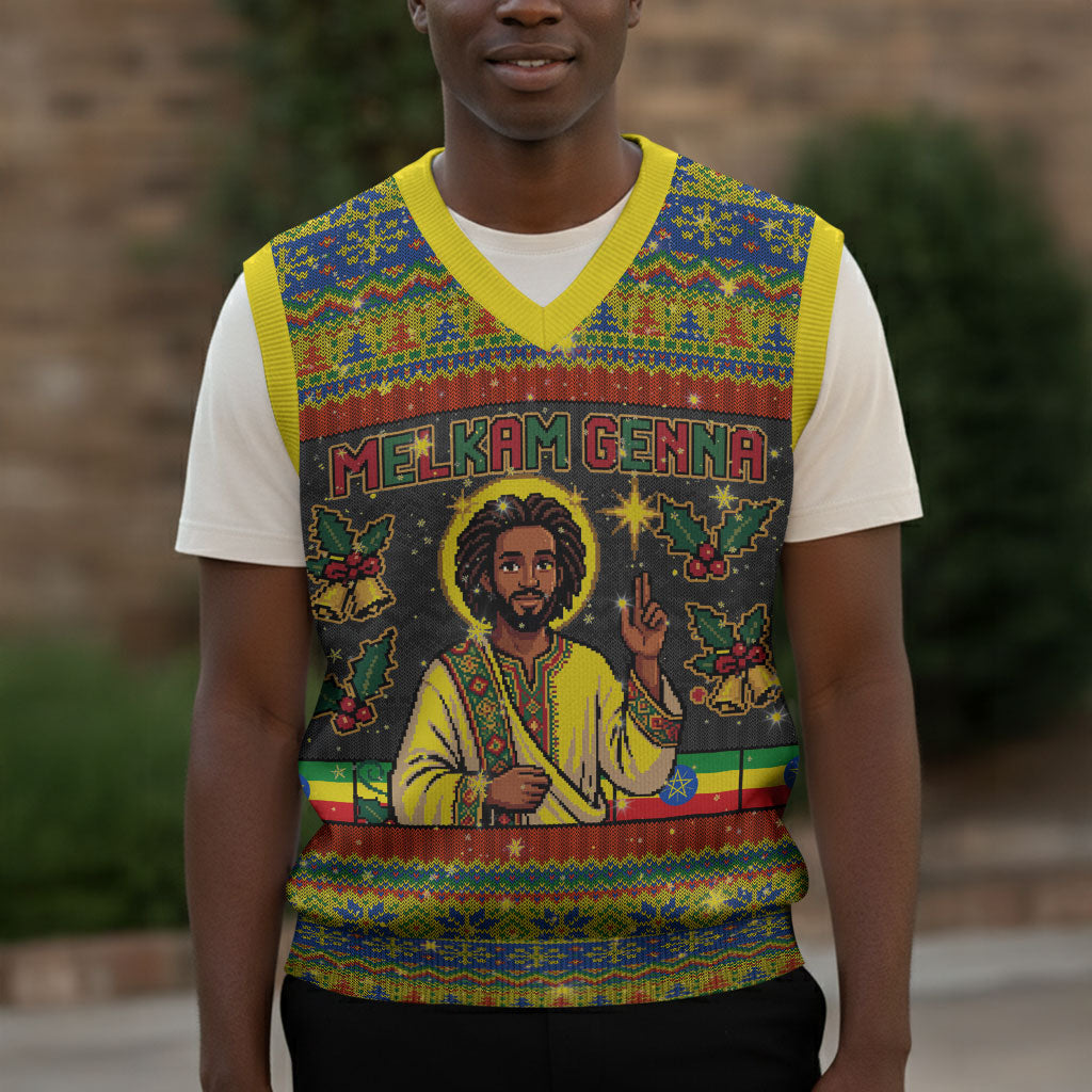 Ethiopian Melkam Genna Jesus Christmas Knitted V-Neck Vest Melkam Genna Ethiopian Flag Jesus Christ