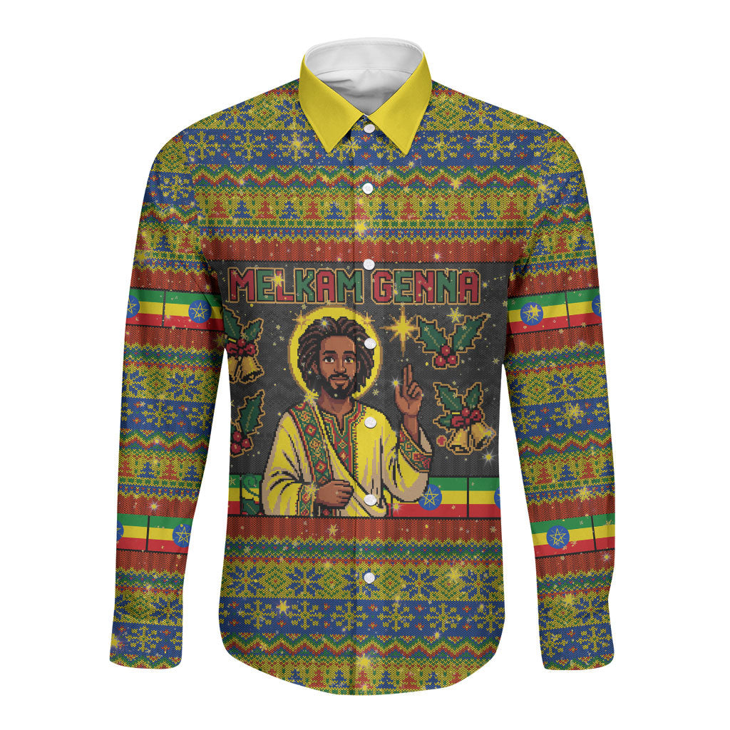 Ethiopian Melkam Genna Jesus Christmas Long Sleeve Button Shirt Melkam Genna Ethiopian Flag Jesus Christ