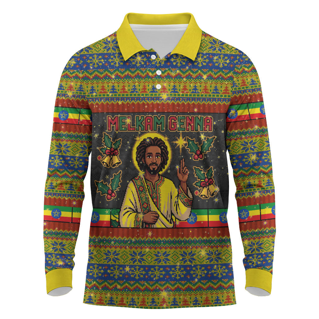 Ethiopian Melkam Genna Jesus Christmas Long Sleeve Polo Shirt Melkam Genna Ethiopian Flag Jesus Christ
