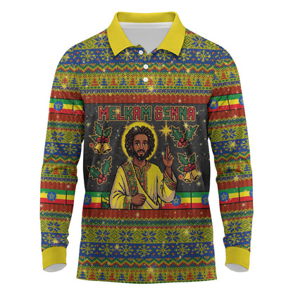 Ethiopian Melkam Genna Jesus Christmas Long Sleeve Polo Shirt Melkam Genna Ethiopian Flag Jesus Christ