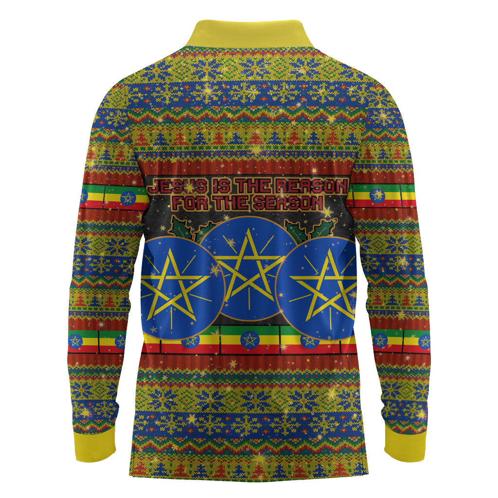 Ethiopian Melkam Genna Jesus Christmas Long Sleeve Polo Shirt Melkam Genna Ethiopian Flag Jesus Christ