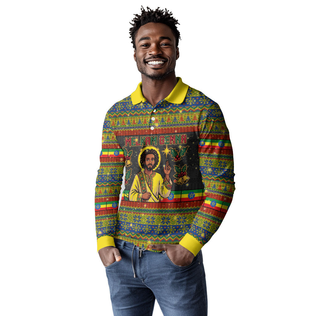 Ethiopian Melkam Genna Jesus Christmas Long Sleeve Polo Shirt Melkam Genna Ethiopian Flag Jesus Christ