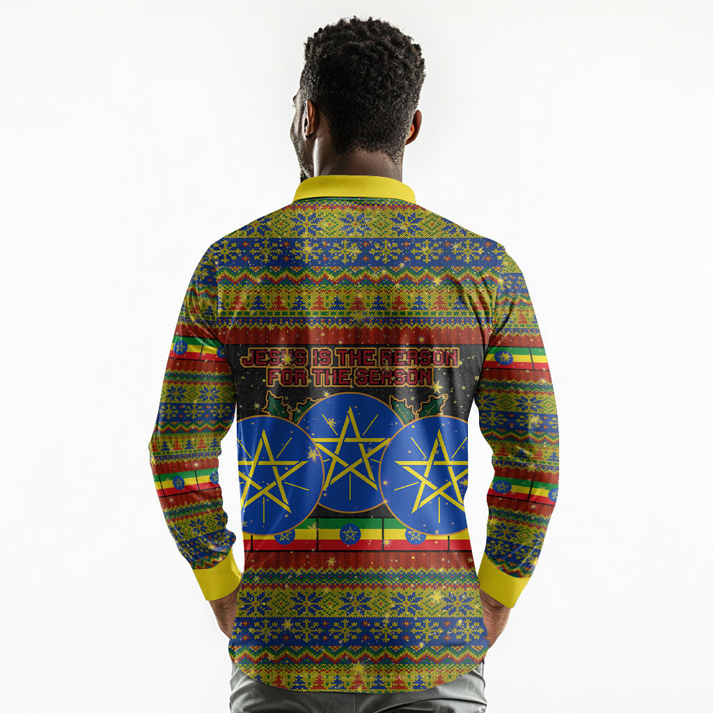 Ethiopian Melkam Genna Jesus Christmas Long Sleeve Polo Shirt Melkam Genna Ethiopian Flag Jesus Christ