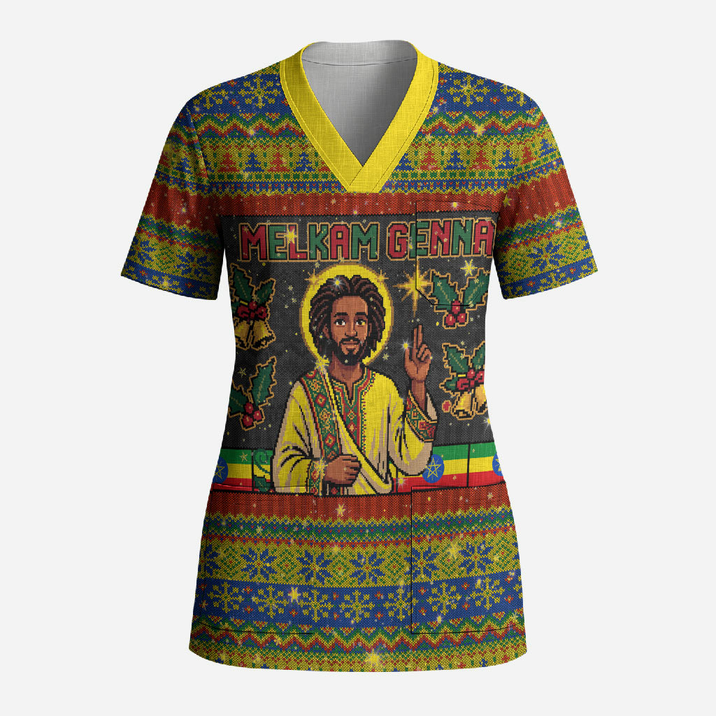 Ethiopian Melkam Genna Jesus Christmas Scrub Top Melkam Genna Ethiopian Flag Jesus Christ