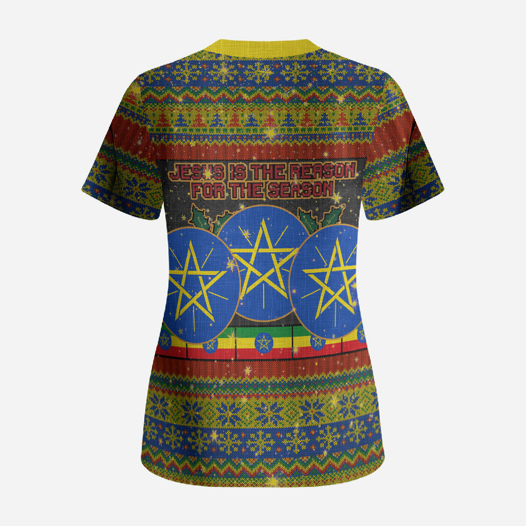 Ethiopian Melkam Genna Jesus Christmas Scrub Top Melkam Genna Ethiopian Flag Jesus Christ