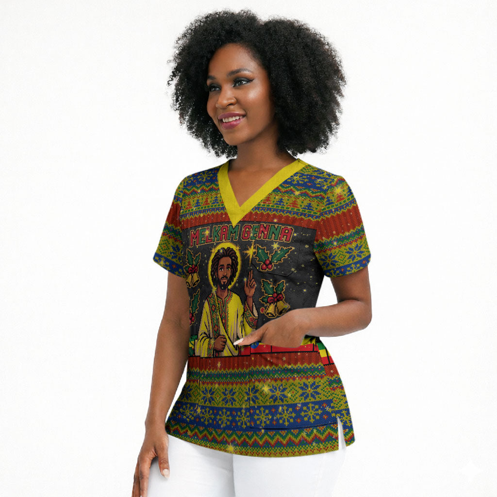 Ethiopian Melkam Genna Jesus Christmas Scrub Top Melkam Genna Ethiopian Flag Jesus Christ