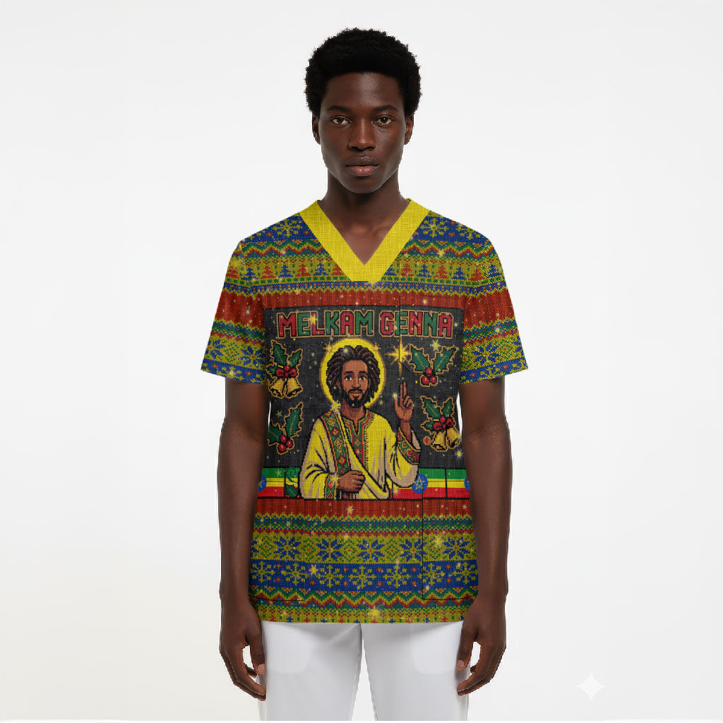 Ethiopian Melkam Genna Jesus Christmas Scrub Top Melkam Genna Ethiopian Flag Jesus Christ
