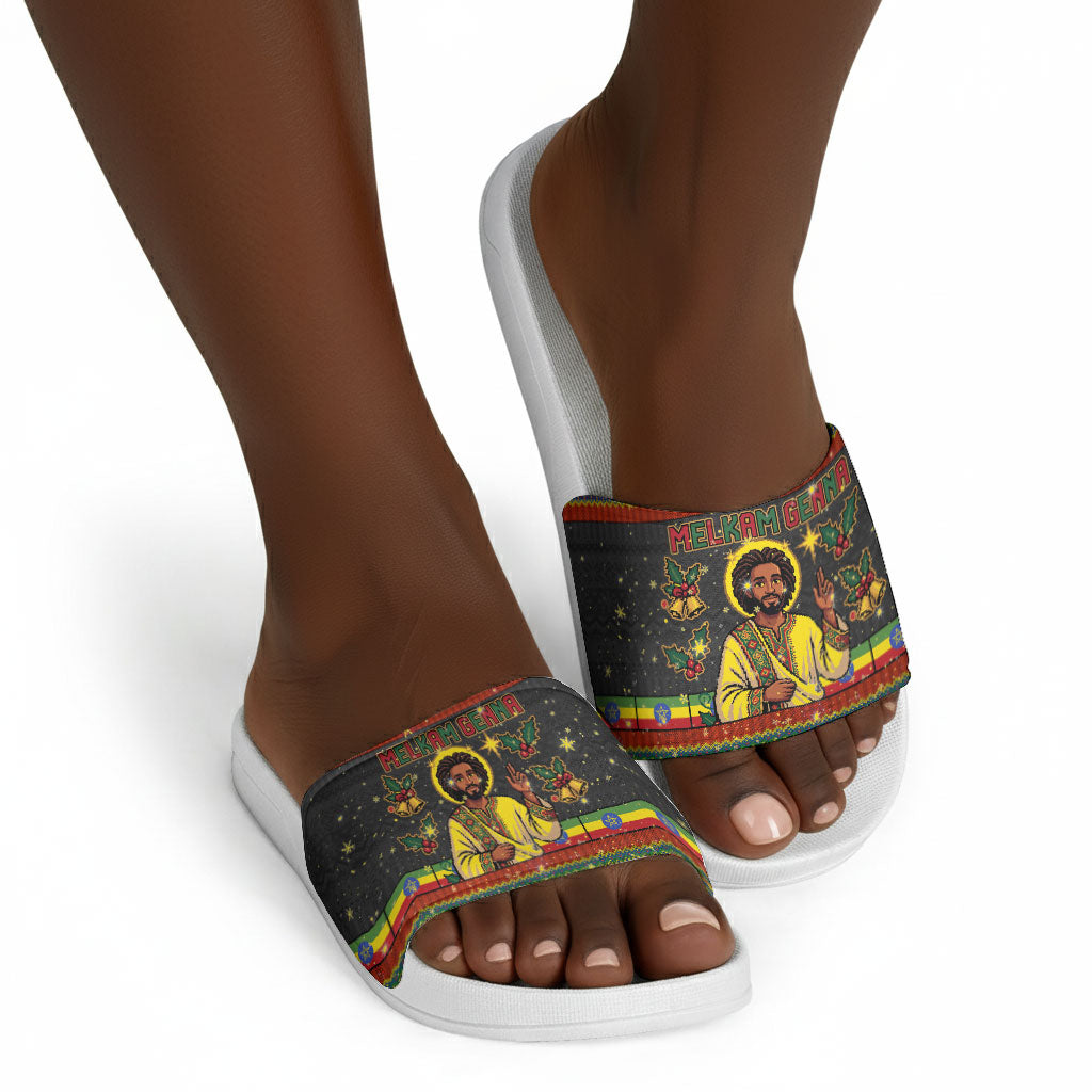 Ethiopian Melkam Genna Jesus Christmas Slide Sandals Melkam Genna Ethiopian Flag Jesus Christ