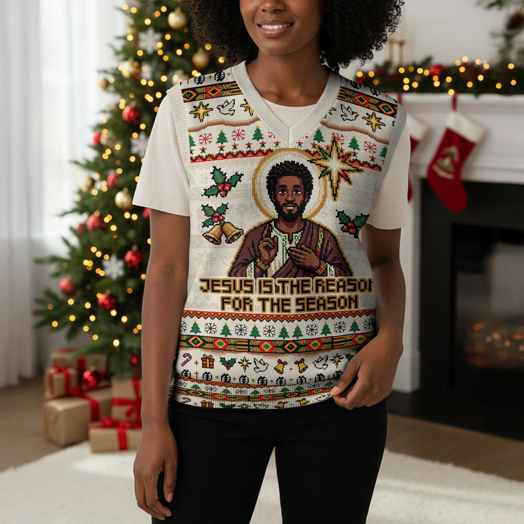 Ghana Jesus Christmas Knitted V-Neck Vest Ghana Coat Of Arms Jesus Christ Art