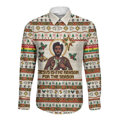 Ghana Jesus Christmas Long Sleeve Button Shirt Ghana Coat Of Arms Jesus Christ Art
