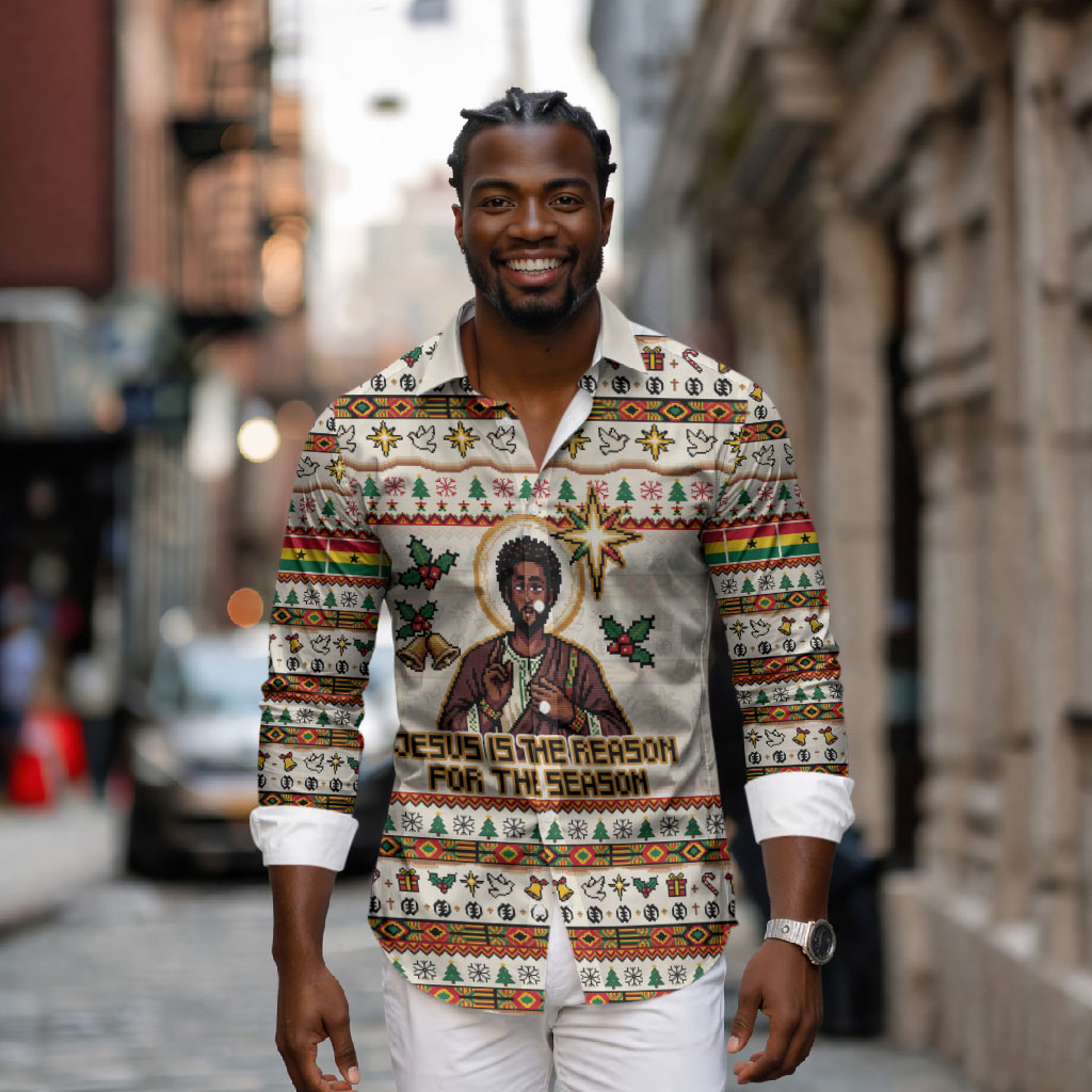 Ghana Jesus Christmas Long Sleeve Button Shirt Ghana Coat Of Arms Jesus Christ Art
