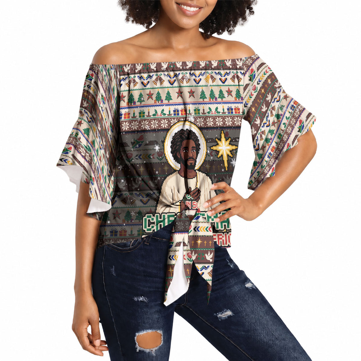 Christmas In South Africa Jesus Off Shoulder Wrap Waist Top South Africa Coat Of Arms Jesus Art