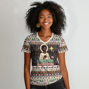 Christmas In South Africa Jesus Women V-Neck T-Shirt South Africa Coat Of Arms Jesus Art