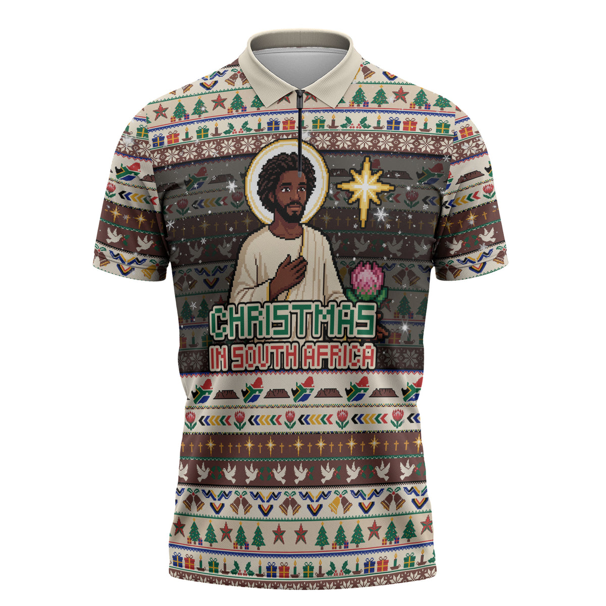 Christmas In South Africa Jesus Zipper Polo Shirt South Africa Coat Of Arms Jesus Art