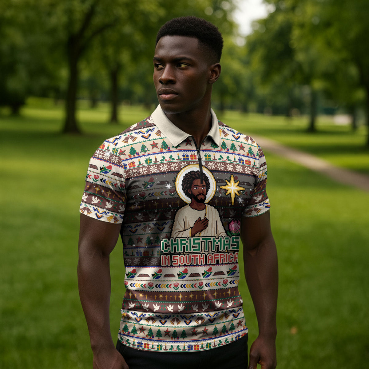 Christmas In South Africa Jesus Zipper Polo Shirt South Africa Coat Of Arms Jesus Art