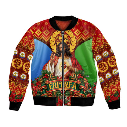 Personalized Eritrea Jesus Christmas Bomber Jacket Camel Emblem Ugly Pattern Festive Holiday