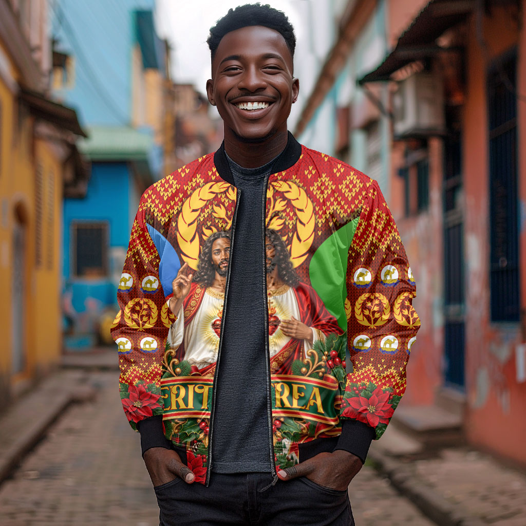 Personalized Eritrea Jesus Christmas Bomber Jacket Camel Emblem Ugly Pattern Festive Holiday
