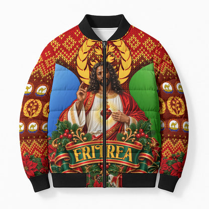 Personalized Eritrea Jesus Christmas Bomber Puffer Jacket Camel Emblem Ugly Pattern Festive Holiday