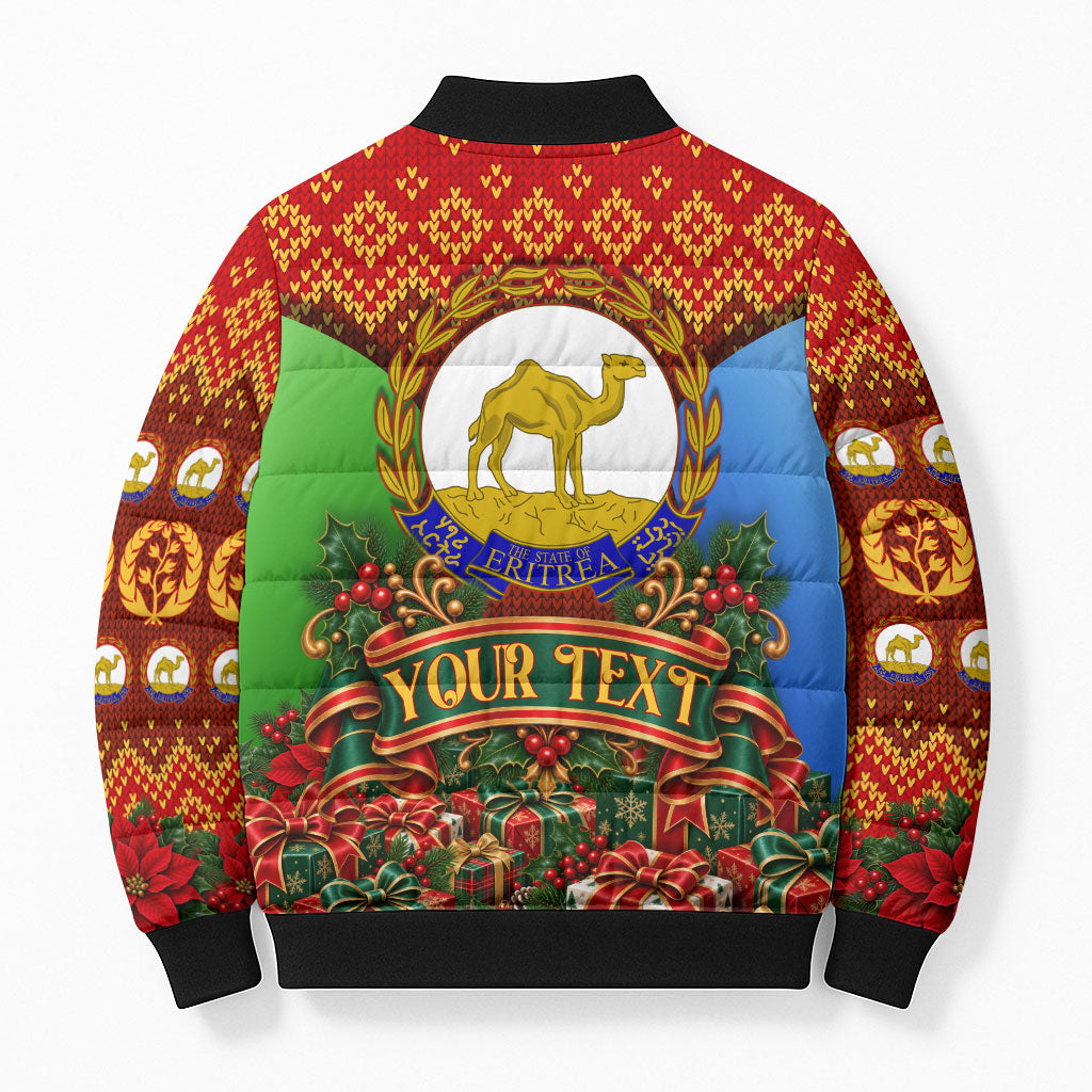 Personalized Eritrea Jesus Christmas Bomber Puffer Jacket Camel Emblem Ugly Pattern Festive Holiday