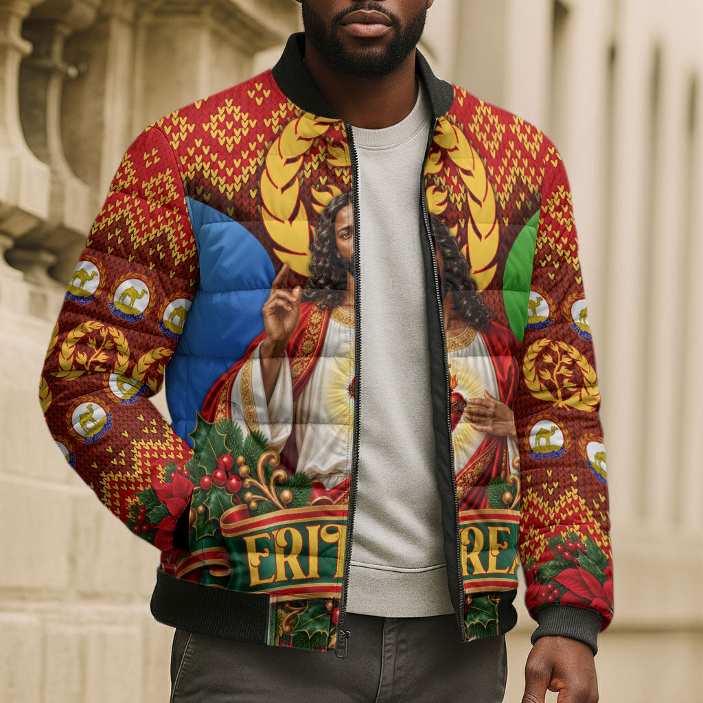 Personalized Eritrea Jesus Christmas Bomber Puffer Jacket Camel Emblem Ugly Pattern Festive Holiday