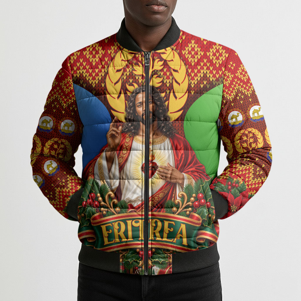 Personalized Eritrea Jesus Christmas Bomber Puffer Jacket Camel Emblem Ugly Pattern Festive Holiday