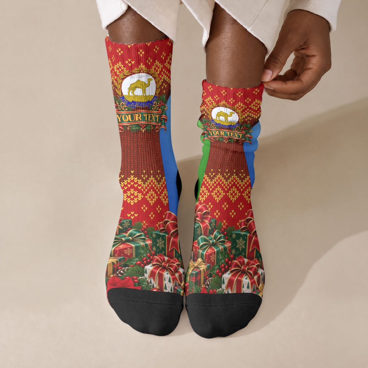 Personalized Eritrea Jesus Christmas Crew Socks Camel Emblem Ugly Pattern Festive Holiday