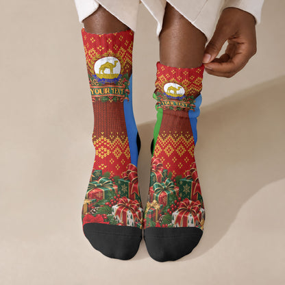 Personalized Eritrea Jesus Christmas Crew Socks Camel Emblem Ugly Pattern Festive Holiday