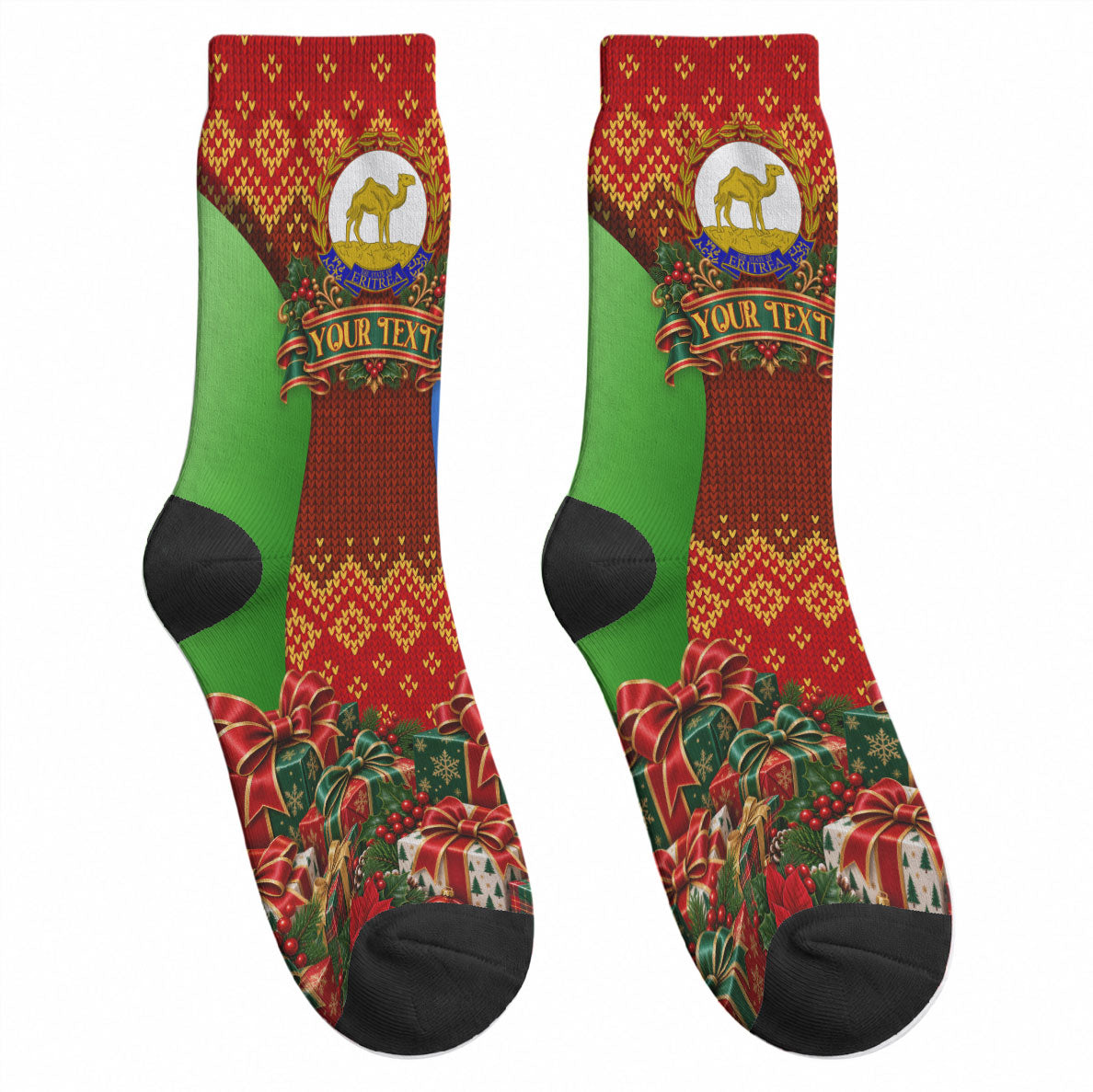 Personalized Eritrea Jesus Christmas Crew Socks Camel Emblem Ugly Pattern Festive Holiday