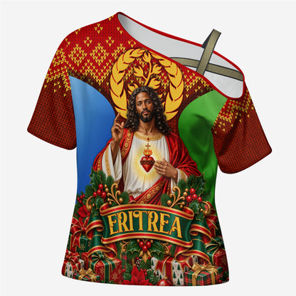 Personalized Eritrea Jesus Christmas Cross Shoulder Shirt Camel Emblem Ugly Pattern Festive Holiday