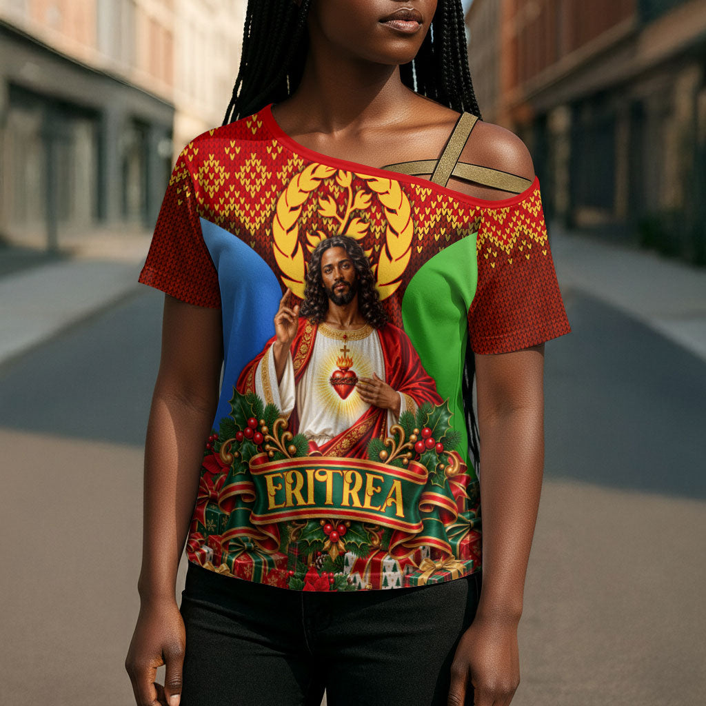 Personalized Eritrea Jesus Christmas Cross Shoulder Shirt Camel Emblem Ugly Pattern Festive Holiday
