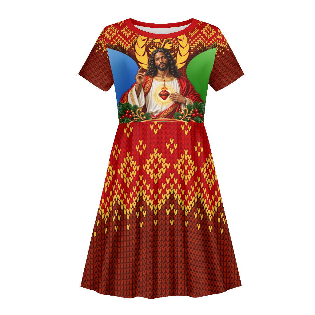 Personalized Eritrea Jesus Christmas Kid Short Sleeve Dress Camel Emblem Ugly Pattern Festive Holiday